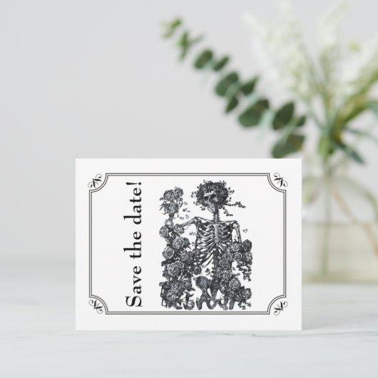 Til Death Do us Part Skelett Save the Date Ankündigungspostkarte (Stehend Vorderseite)