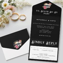 Til Death Do us Part Skulls & Rose Black Wedding All In One Einladung
