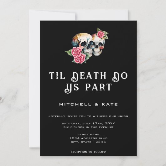 Til Death Do us Part Skulls & Rose Black Wedding Einladung (Vorderseite)