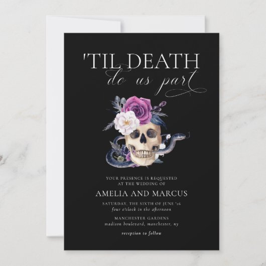 "Til Death Do us us Part Lila & Black Wedding Invi Einladung (Vorderseite)