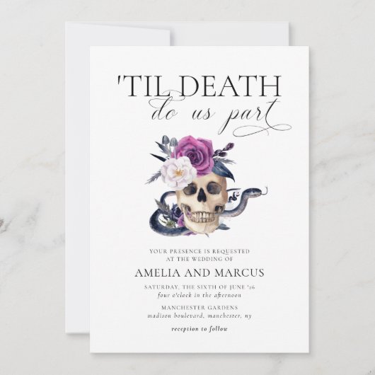 "Til Death Do us us Part Lila & Black Wedding Invi Einladung (Vorderseite)