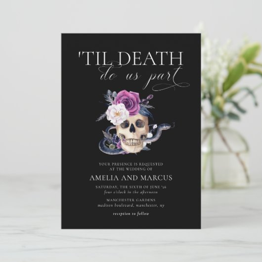 "Til Death Do us us Part Lila & Black Wedding Invi Einladung (Stehend Vorderseite)