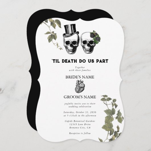 Til Death Gothic Heart Floral Skulls Wedding Einladung (Vorne/Hinten)