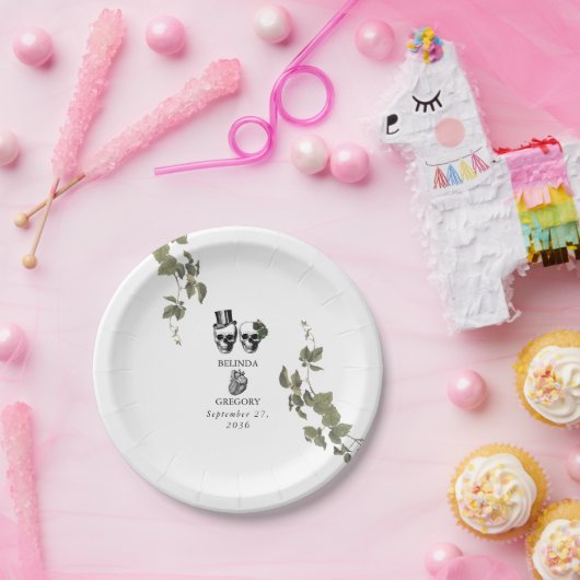 Til Death Gothic Heart Floral Skulls Wedding Pappteller (Party)