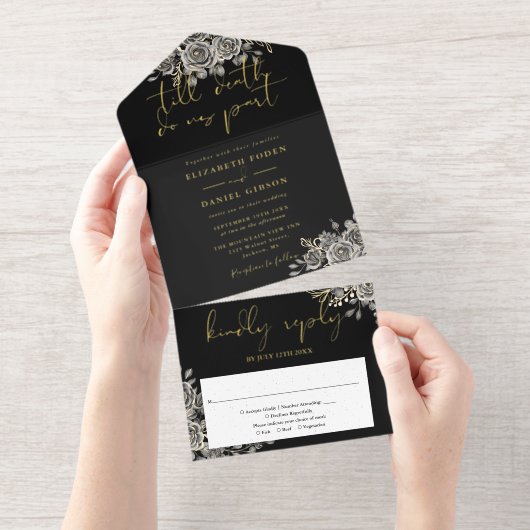 Til Death Gothic Roses Floral Wedding Foil All-in-One-Einladung (Abreißstreifen)