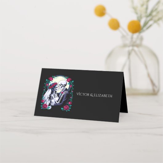 Til Death Gothic Skeleton Couple Pink Rose Wedding Platzkarte (Vorderseite)