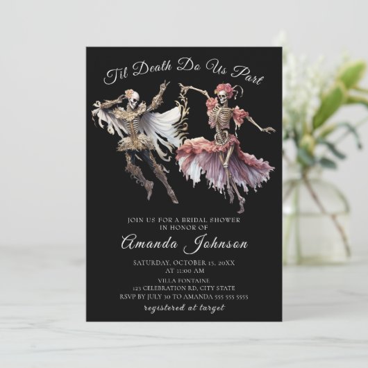 Til Death Gothic Skeleton Halloween Brautparty Einladung (Stehend Vorderseite)