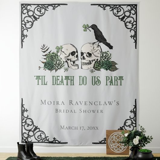 Til Death Green Mr. and Mrs Skulls Green Rose Wandteppich