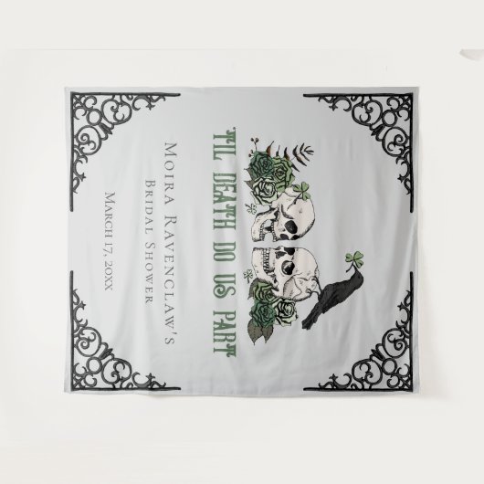Til Death Green Mr. and Mrs Skulls Green Rose Wandteppich (Vorderseite (Horizontal))