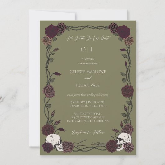 Til Death Olive Green Gothic Rose Wedding Einladung (Vorderseite)