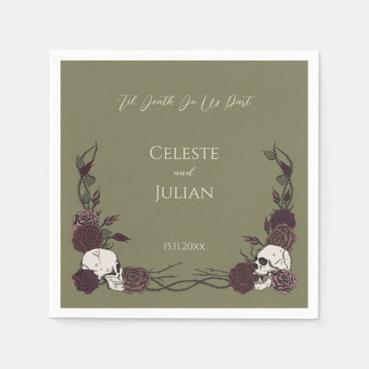 Til Death Olive Green Gothic Skull & Rose Wedding Serviette (Vorderseite)