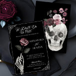 Til Death Watercolor Skeleton Rose Gothic Wedding Einladung<br><div class="desc">Nothing screams "I do!" like a Halloween-inspired gothic wedding. Get ready for a bone-chillingly beautiful celebration like no other with our 'Til Death Do Us Part skeleton & floral Halloween gothic theme wedding invitation. Our beautiful wedding invitation features our own hand-painted watercolor skeleton hand-holding a red rose along with our...</div>