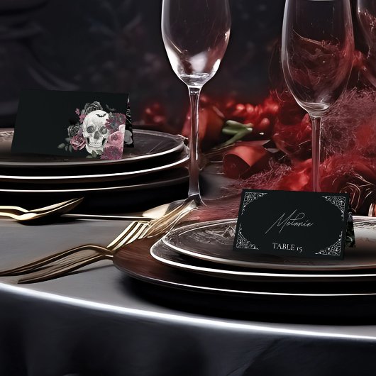 Til Death Watercolor Skull Rose Gothic Wedding Platzkarte