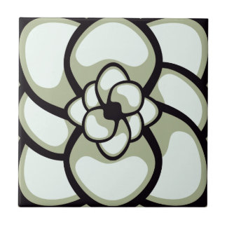 Tile, Abstrakte Blume 3, Olivenöl, Schwarz, Weiß Fliese