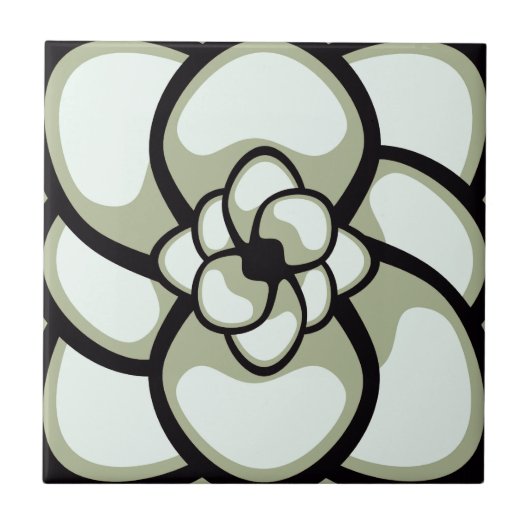 Tile, Abstrakte Blume 3, Olivenöl, Schwarz, Weiß Fliese (Vorderseite)