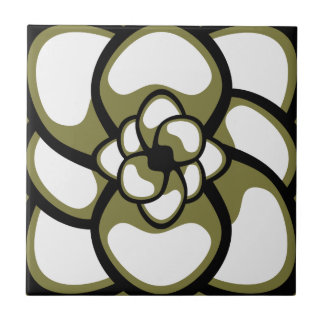 Tile, Abstrakte Blume 3, Olivenöl, Schwarz, Weiß Fliese