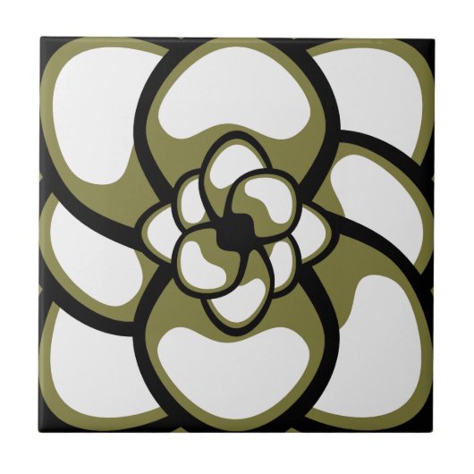 Tile, Abstrakte Blume 3, Olivenöl, Schwarz, Weiß Fliese (Vorderseite)
