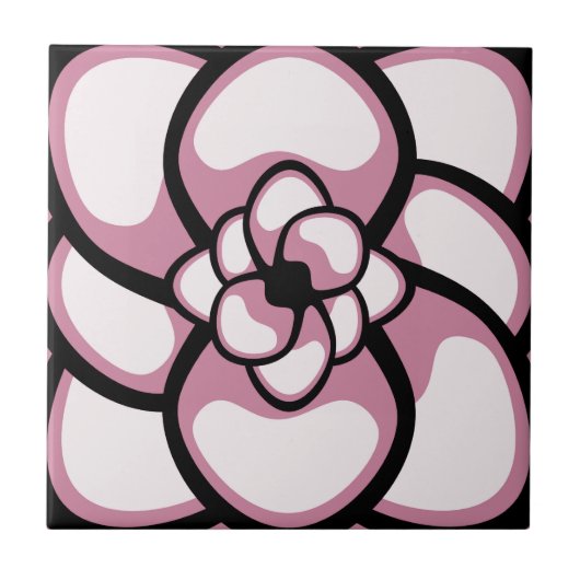 Tile, Abstrakte Blume 3, rosa, schwarz, weiß Fliese (Vorderseite)