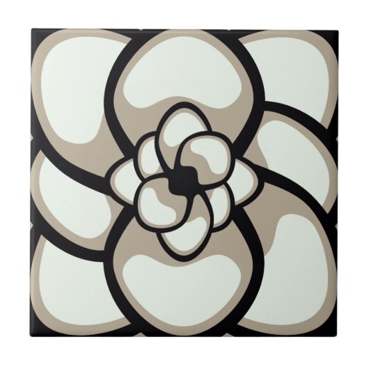 Tile, Abstrakte Blume 3, Tan, Schwarz, Weiß Fliese (Vorderseite)
