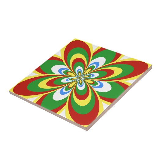 Tile, Abstrakte Blume 4, Rasta Rot, Gelb Grün Fliese (Seite)