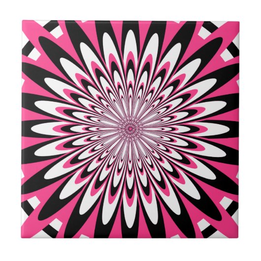 Tile, Abstrakte Blume 5, rosa, schwarz, weiß Fliese (Vorderseite)