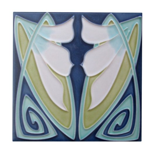 Tile - Jugendstil Blau Hintergrund Weiße Blume Fliese (Vorderseite)