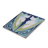 Tile - Jugendstil Blau Hintergrund Weiße Blume Fliese (Seite)