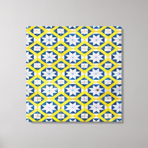 Tile Mosaik-Blume Muster Gelb Blau Leinwanddruck
