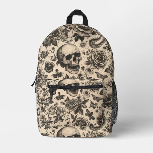 Tile Skull und Blume Tattoo-Muster Bedruckter Rucksack (Vorderseite)
