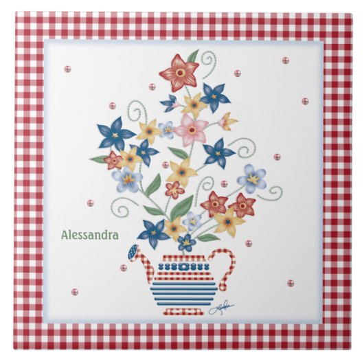 Tile Stencil Floral Red Gingham Personalisiert Fliese (Vorderseite)