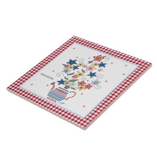 Tile Stencil Floral Red Gingham Personalisiert Fliese (Seite)
