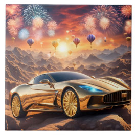 tile with a golden luxury car in desert landscape fliese