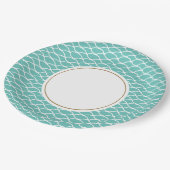 Tiled Aqua Ocean Waves Muster White Center Circle Pappteller (Schrägansicht)