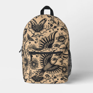 Tiled Bird und Blume Tattoo Muster Bedruckter Rucksack