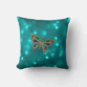 Tiled Butterfly über Neon Turquoise Design Kissen