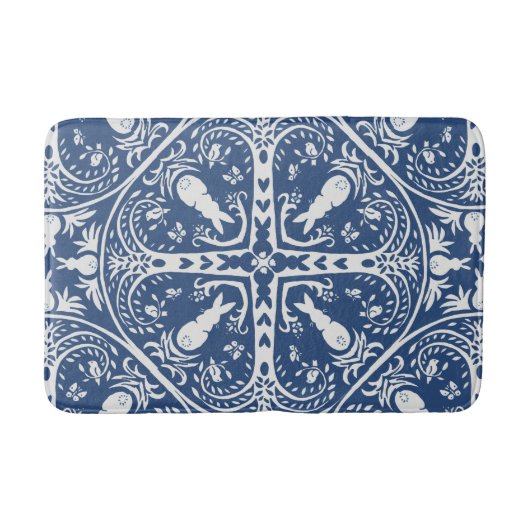 Tiled Dark Blue White Bunny Rabbit Bird Medallion Badematte (Vorderseite)