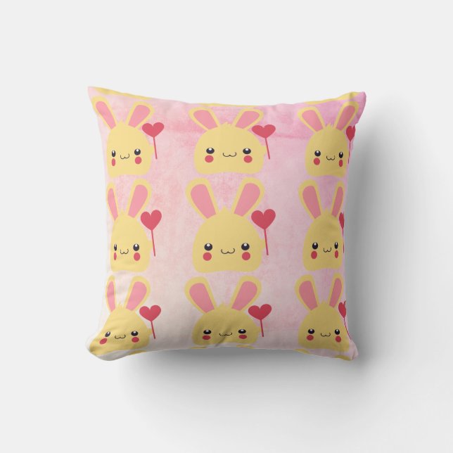 Tiled Kawaii Bunny Rabbit Face mit Herz Kissen (Vorderseite)