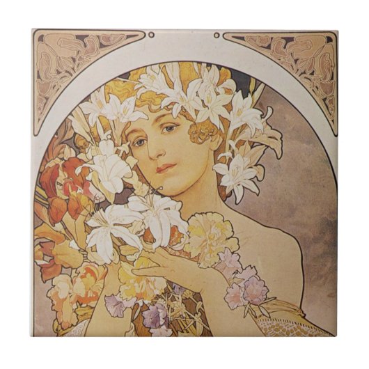 Tiles - Mucha Blume Lady Art Nouveau Fliese (Vorderseite)