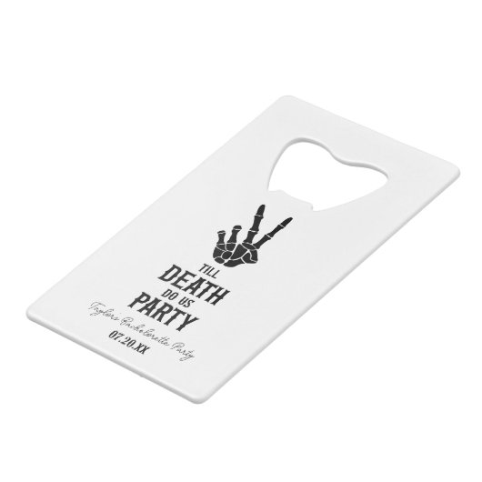 Till Death Do Us Party Skeleton Bachelorette Party Geldbeutel Flaschenöffner (Vorderseite Schrägansicht)