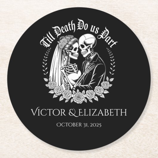 Till Death Gothic Skeleton Couple Black Wedding Runder Pappuntersetzer (Vorderseite)