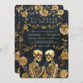 TILL TOD - GOLD Skelette und Rose Hochzeit Einladung (Vorne/Hinten)