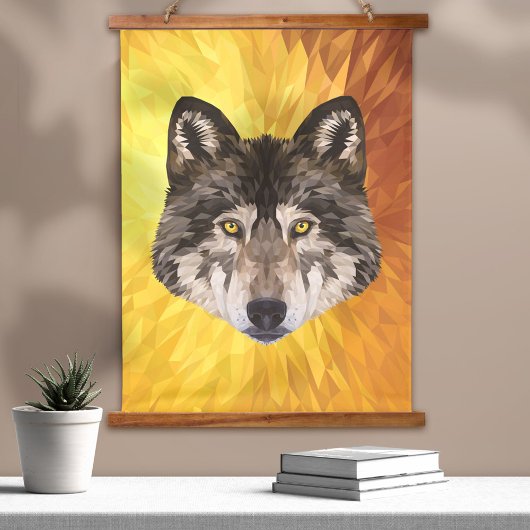 Timber Wolf Moderne Abstrakte Tier-Polygonalkunst Wandteppich Mit Holzrahmen