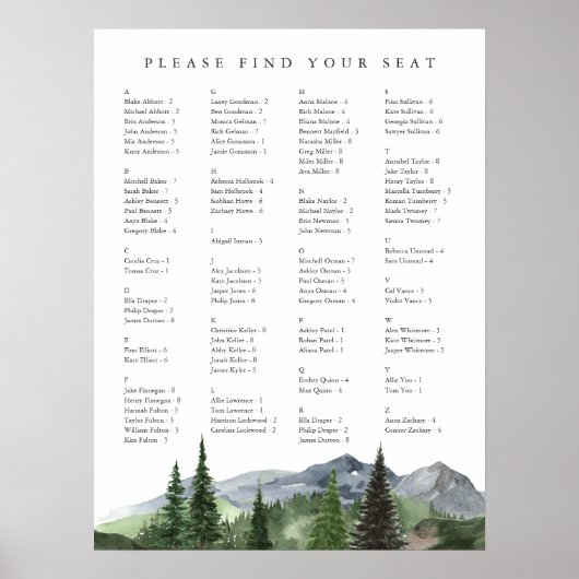 Timberline | Alphabetical Wedding Seating Chart Poster (Vorne)