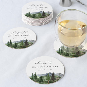 Timberline Aquarell-Bergwald-Hochzeit Runder Pappuntersetzer