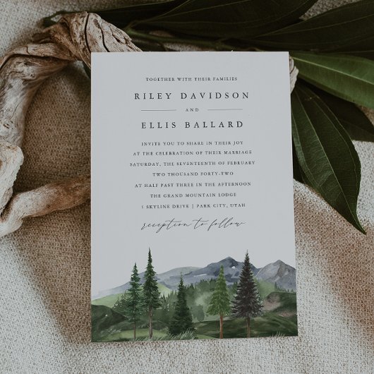 Timberline | Watercolor Forest & Mountain Wedding Einladung