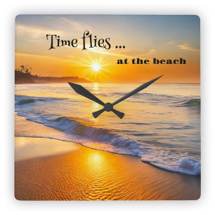Time Fliegen Beach Sunset Quadratische Wanduhr