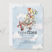 Time Fliegt Flugzeug Balloons Bären & Bunny Geburt Einladung (Vorderseite)
