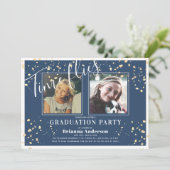 Time Fliegt Navy Blue Strip Gold Foto Abschluss Einladung (Stehend Vorderseite)