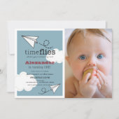 Time Fliegt Paper Flugzeug Blue Boy Foto1. Geburts Einladung (Vorderseite)