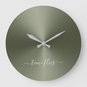 Time Flies Army Green Metallic Style Acrylic Große Wanduhr